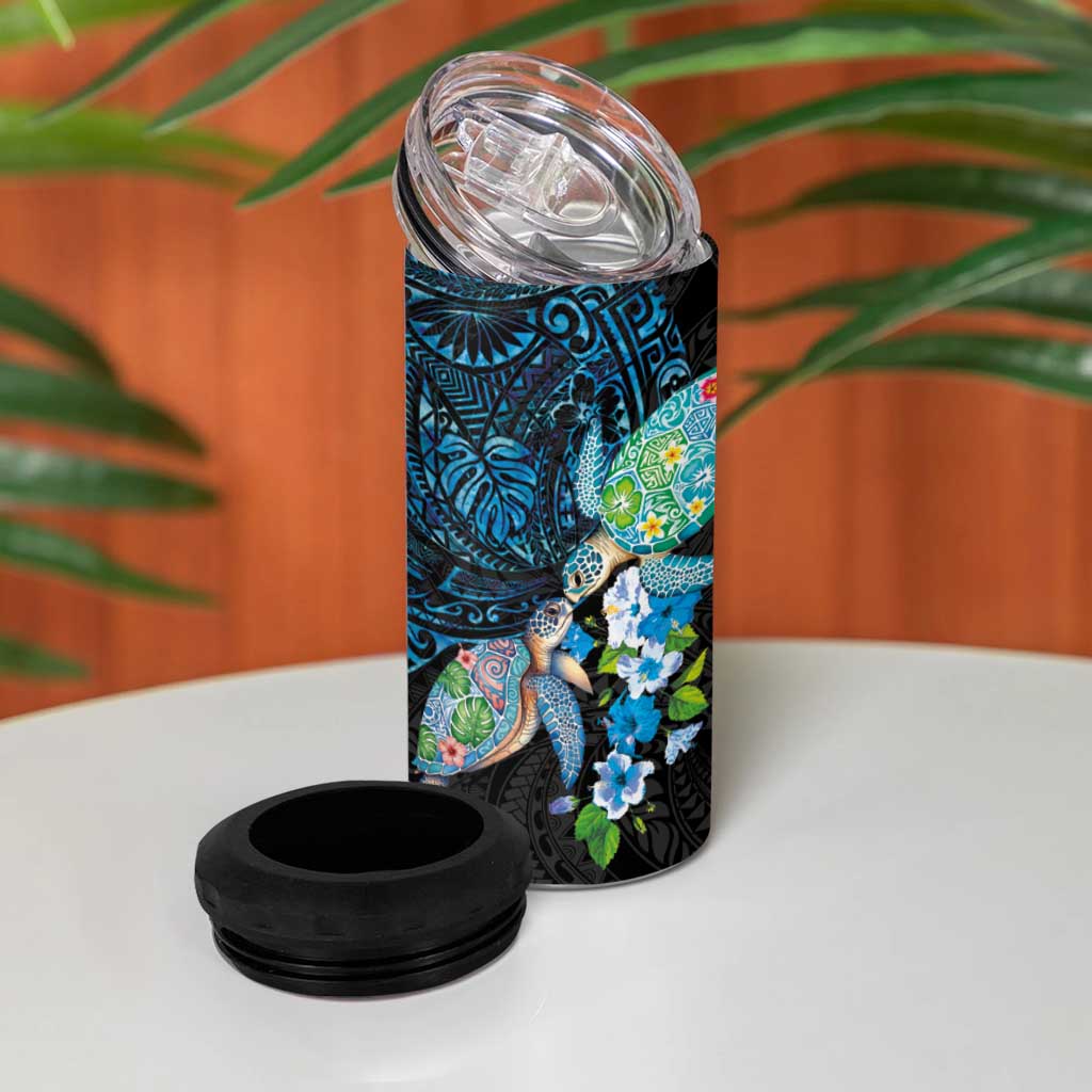 Hawaiian Couple Turtles Honi 4 in 1 Can Cooler Tumbler Polynesian Art Motifs and Hibiscus Black Blue Color - Polynesian Pride