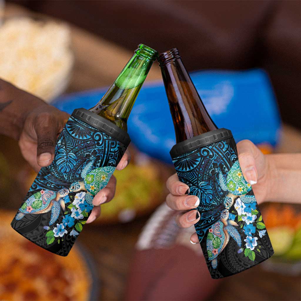 Hawaiian Couple Turtles Honi 4 in 1 Can Cooler Tumbler Polynesian Art Motifs and Hibiscus Black Blue Color - Polynesian Pride