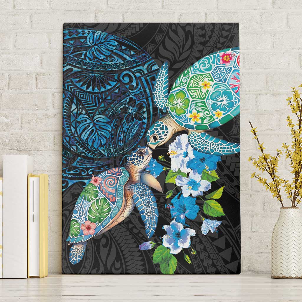 Hawaiian Couple Turtles Honi Canvas Wall Art Polynesian Art Motifs and Hibiscus Black Blue Color - Polynesian Pride