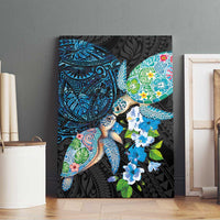 Hawaiian Couple Turtles Honi Canvas Wall Art Polynesian Art Motifs and Hibiscus Black Blue Color - Polynesian Pride