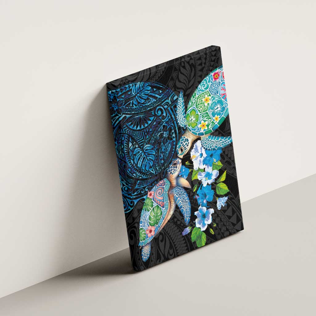 Hawaiian Couple Turtles Honi Canvas Wall Art Polynesian Art Motifs and Hibiscus Black Blue Color - Polynesian Pride