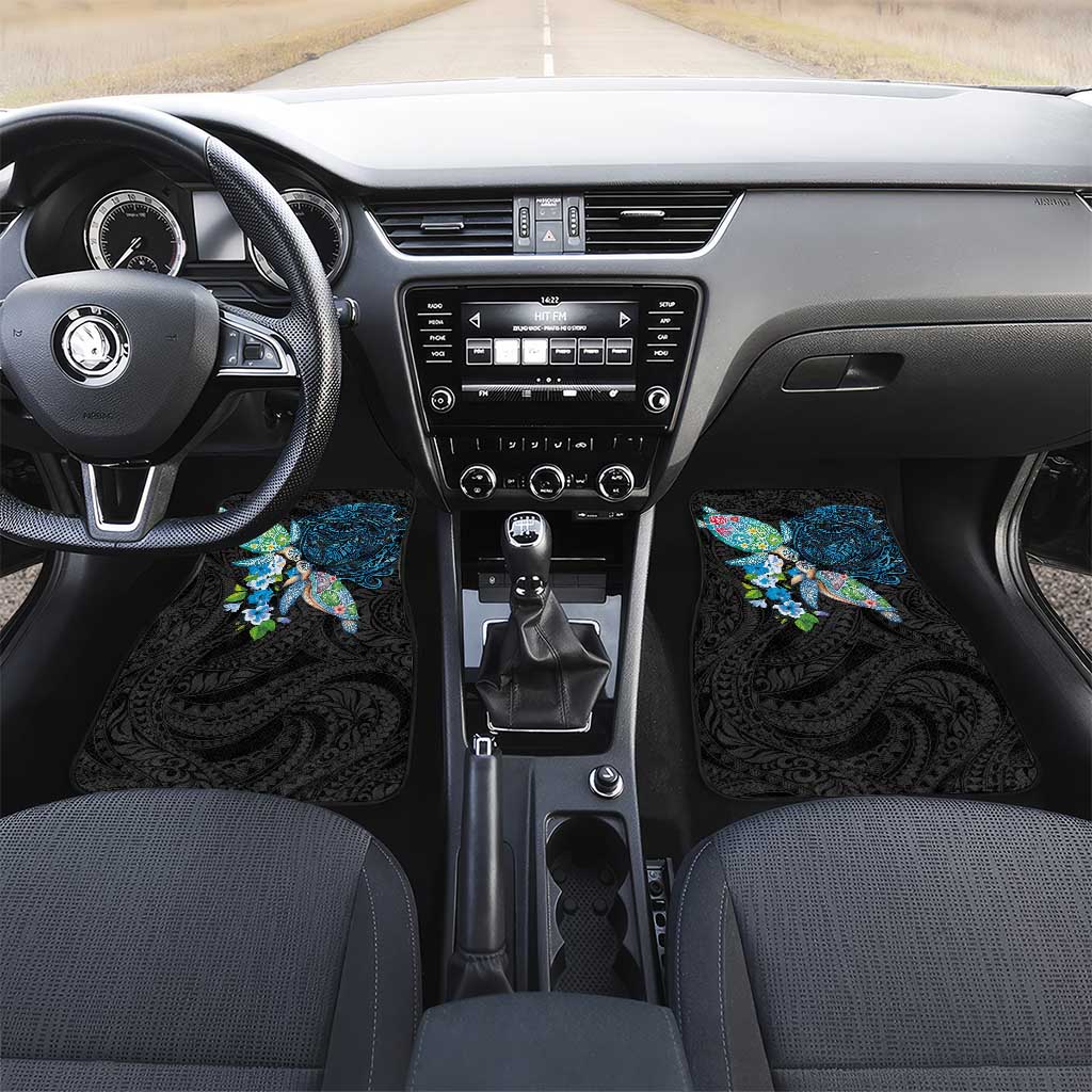 Hawaiian Couple Turtles Honi Car Mats Polynesian Art Motifs and Hibiscus Black Blue Color - Polynesian Pride