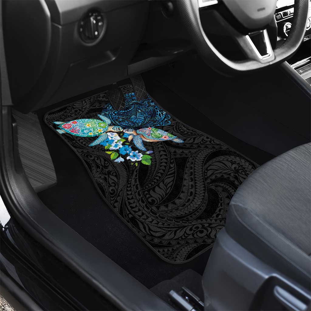 Hawaiian Couple Turtles Honi Car Mats Polynesian Art Motifs and Hibiscus Black Blue Color - Polynesian Pride