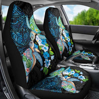 Hawaiian Couple Turtles Honi Car Seat Cover Polynesian Art Motifs and Hibiscus Black Blue Color - Polynesian Pride