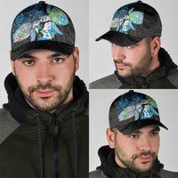 Hawaiian Couple Turtles Honi Classic Cap Polynesian Art Motifs and Hibiscus Black Blue Color - Polynesian Pride