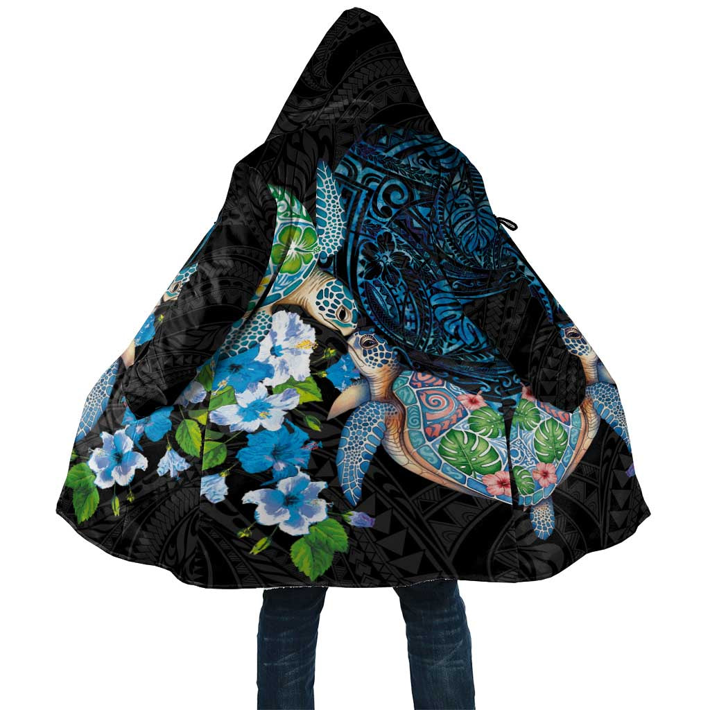 Hawaiian Couple Turtles Honi Cloak Polynesian Art Motifs and Hibiscus Black Blue Color - Polynesian Pride