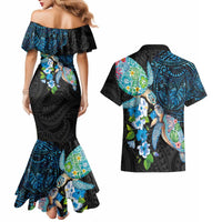 Hawaiian Couple Turtles Honi Couples Matching Mermaid Dress and Hawaiian Shirt Polynesian Art Motifs and Hibiscus Black Blue Color - Polynesian Pride