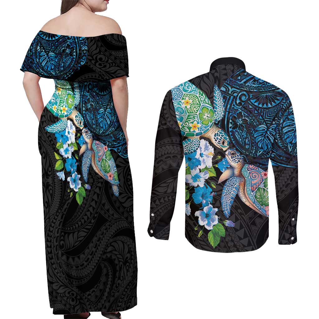 Hawaiian Couple Turtles Honi Couples Matching Off Shoulder Maxi Dress and Long Sleeve Button Shirt Polynesian Art Motifs and Hibiscus Black Blue Color - Polynesian Pride
