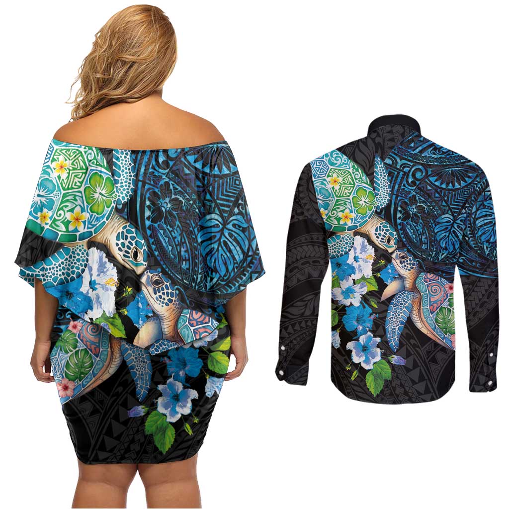 Hawaiian Couple Turtles Honi Couples Matching Off Shoulder Short Dress and Long Sleeve Button Shirt Polynesian Art Motifs and Hibiscus Black Blue Color - Polynesian Pride