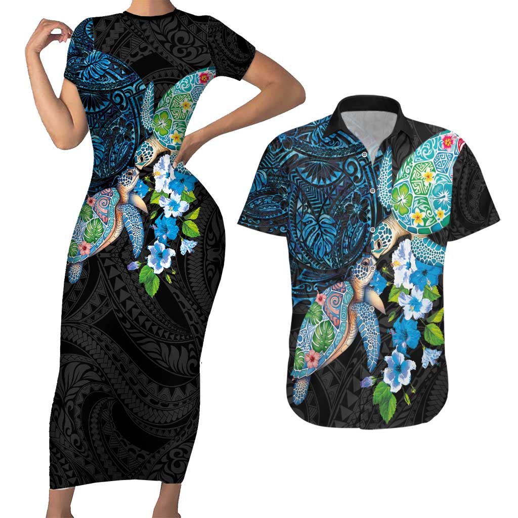 Hawaiian Couple Turtles Honi Couples Matching Short Sleeve Bodycon Dress and Hawaiian Shirt Polynesian Art Motifs and Hibiscus Black Blue Color - Polynesian Pride