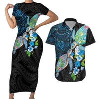 Hawaiian Couple Turtles Honi Couples Matching Short Sleeve Bodycon Dress and Hawaiian Shirt Polynesian Art Motifs and Hibiscus Black Blue Color - Polynesian Pride