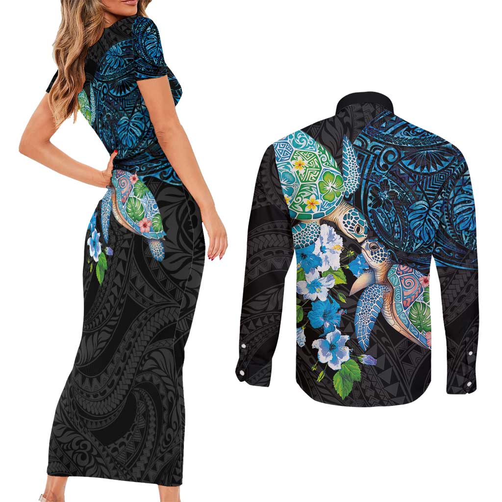 Hawaiian Couple Turtles Honi Couples Matching Short Sleeve Bodycon Dress and Long Sleeve Button Shirt Polynesian Art Motifs and Hibiscus Black Blue Color - Polynesian Pride