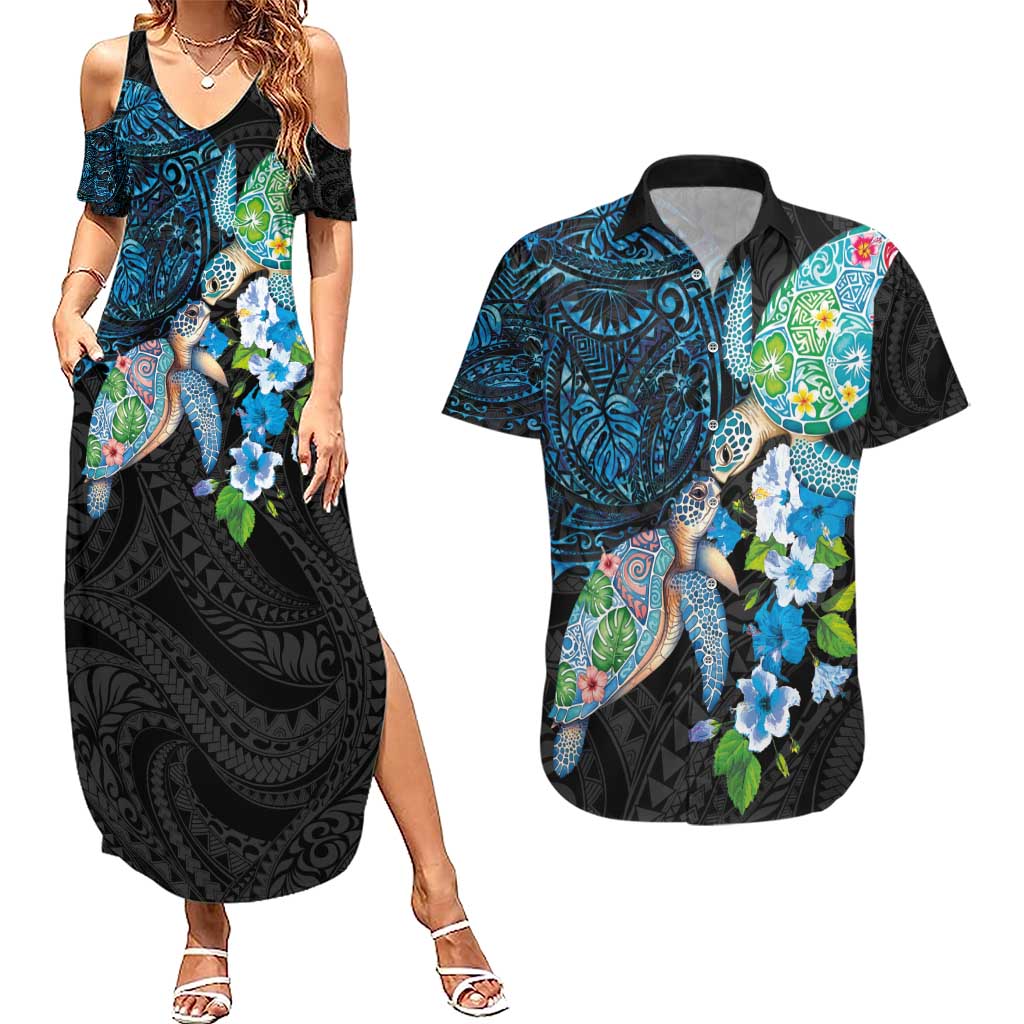 Hawaiian Couple Turtles Honi Couples Matching Summer Maxi Dress and Hawaiian Shirt Polynesian Art Motifs and Hibiscus Black Blue Color - Polynesian Pride