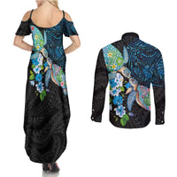 Hawaiian Couple Turtles Honi Couples Matching Summer Maxi Dress and Long Sleeve Button Shirt Polynesian Art Motifs and Hibiscus Black Blue Color - Polynesian Pride