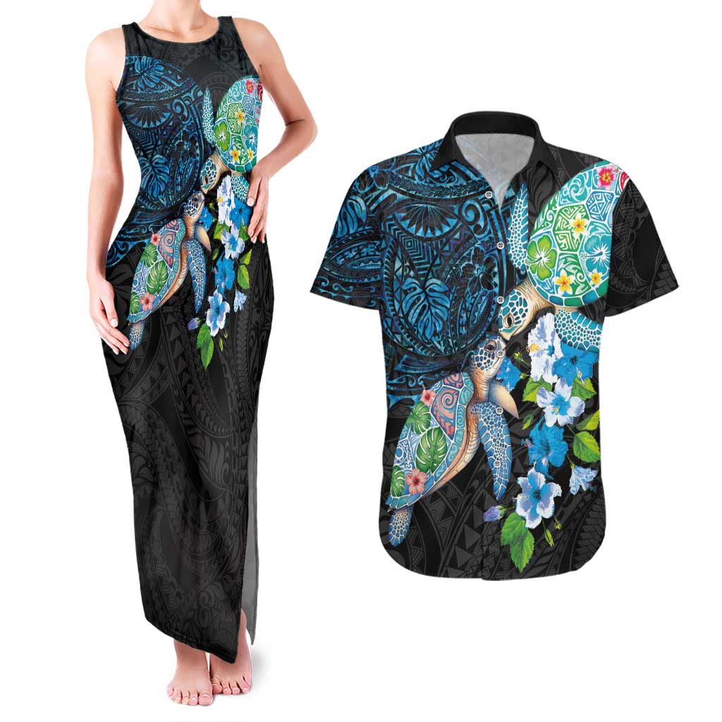 Hawaiian Couple Turtles Honi Couples Matching Tank Maxi Dress and Hawaiian Shirt Polynesian Art Motifs and Hibiscus Black Blue Color LT03 Black - Polynesian Pride