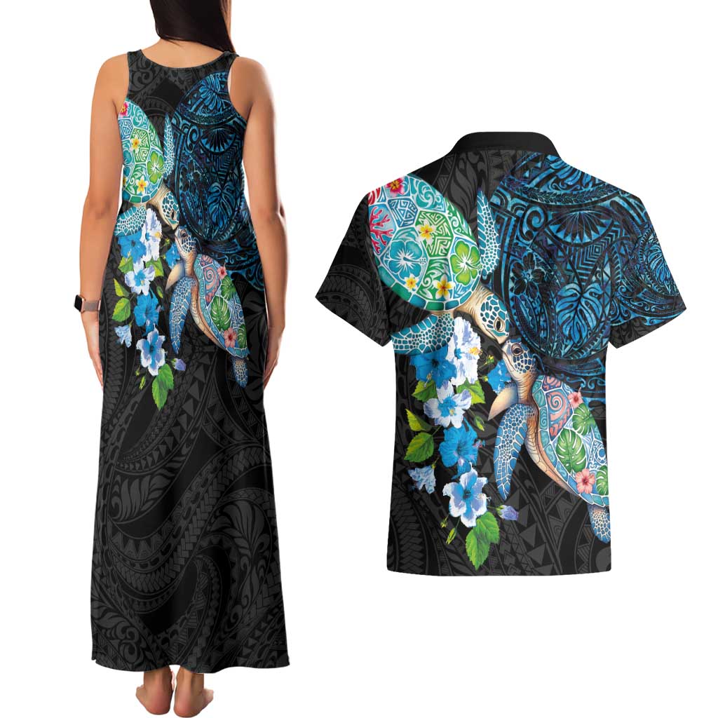 Hawaiian Couple Turtles Honi Couples Matching Tank Maxi Dress and Hawaiian Shirt Polynesian Art Motifs and Hibiscus Black Blue Color - Polynesian Pride