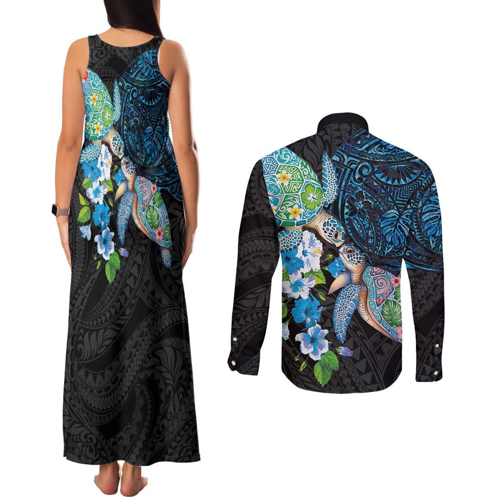 Hawaiian Couple Turtles Honi Couples Matching Tank Maxi Dress and Long Sleeve Button Shirt Polynesian Art Motifs and Hibiscus Black Blue Color - Polynesian Pride