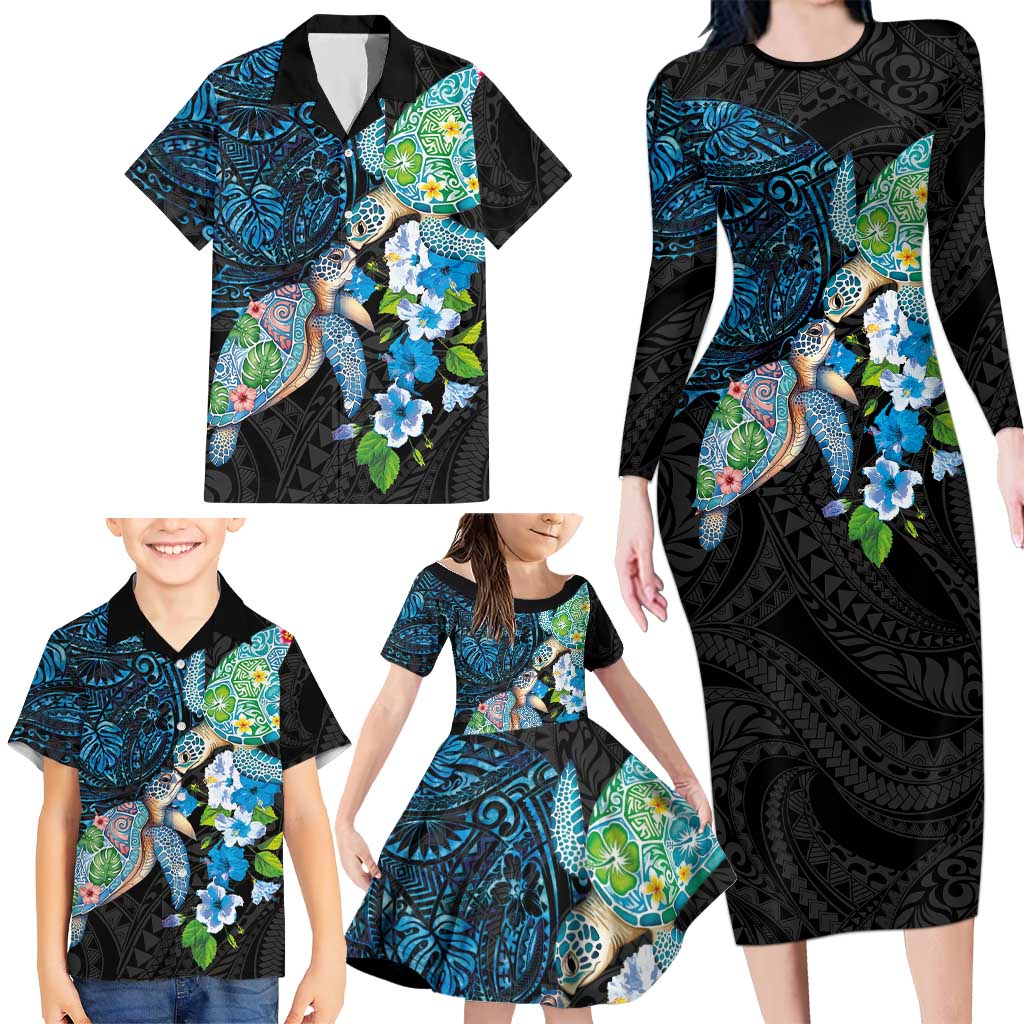 Hawaiian Couple Turtles Honi Family Matching Long Sleeve Bodycon Dress and Hawaiian Shirt Polynesian Art Motifs and Hibiscus Black Blue Color LT03 - Polynesian Pride