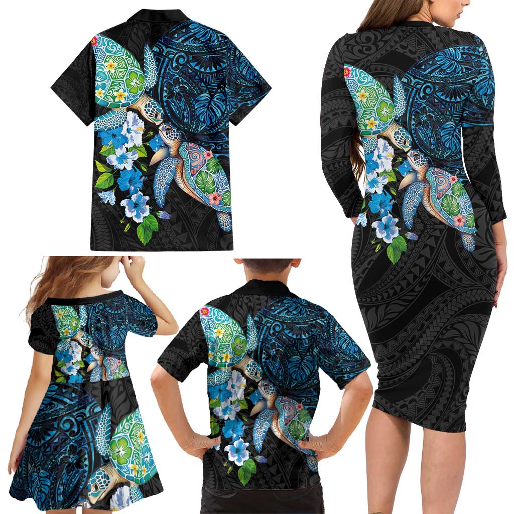 Hawaiian Couple Turtles Honi Family Matching Long Sleeve Bodycon Dress and Hawaiian Shirt Polynesian Art Motifs and Hibiscus Black Blue Color - Polynesian Pride