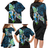Hawaiian Couple Turtles Honi Family Matching Long Sleeve Bodycon Dress and Hawaiian Shirt Polynesian Art Motifs and Hibiscus Black Blue Color - Polynesian Pride