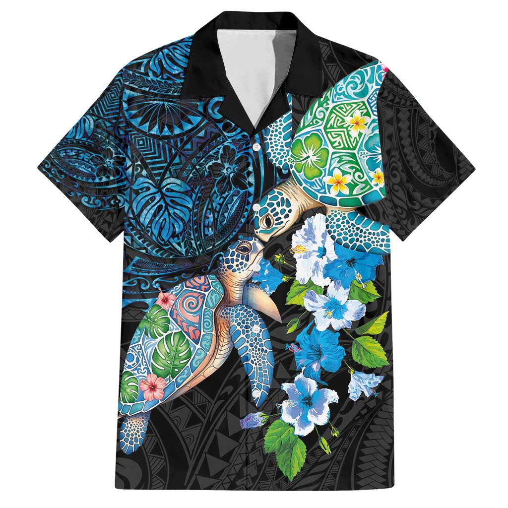Hawaiian Couple Turtles Honi Family Matching Long Sleeve Bodycon Dress and Hawaiian Shirt Polynesian Art Motifs and Hibiscus Black Blue Color - Polynesian Pride