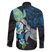 Hawaiian Couple Turtles Honi Family Matching Long Sleeve Bodycon Dress and Hawaiian Shirt Polynesian Art Motifs and Hibiscus Black Blue Color - Polynesian Pride