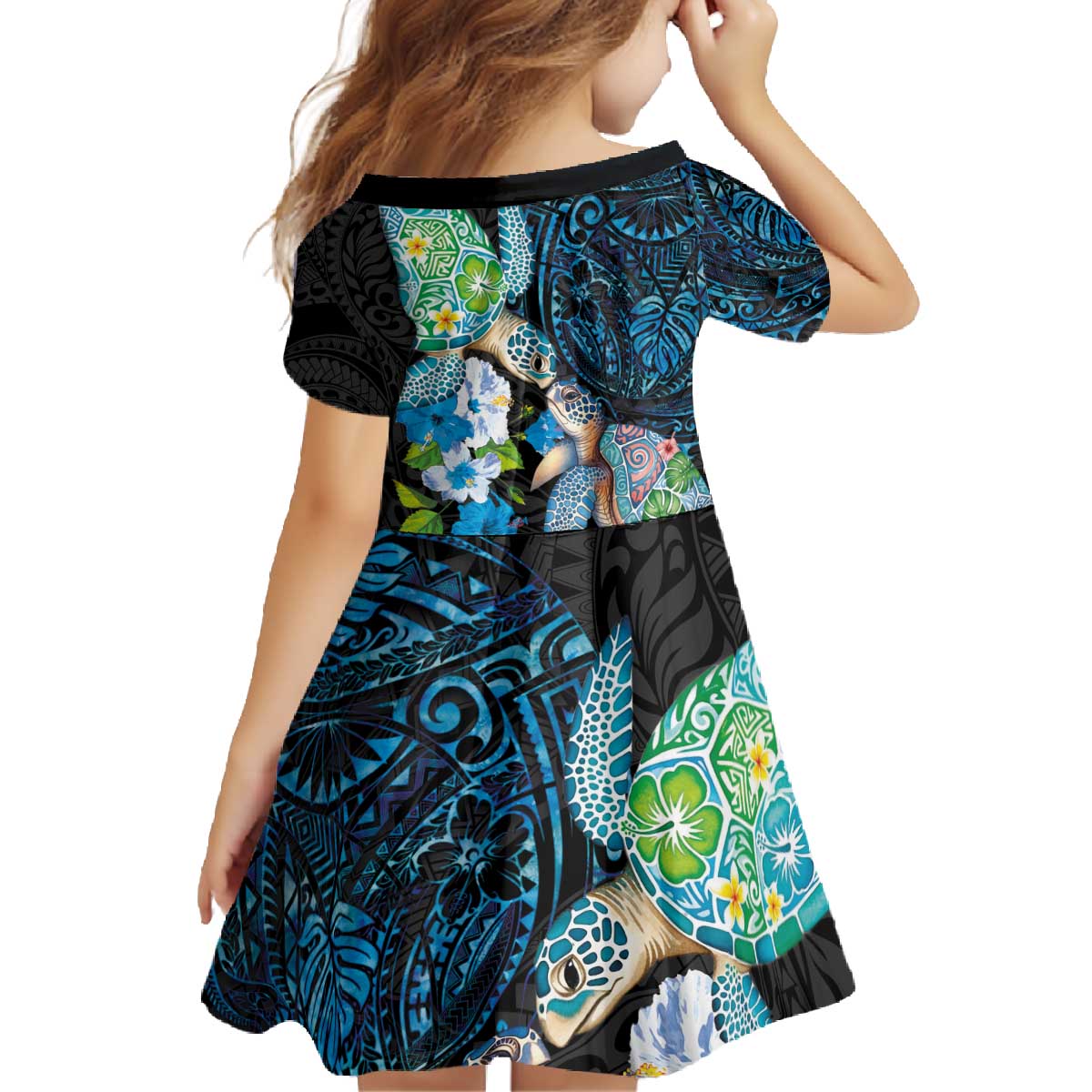 Hawaiian Couple Turtles Honi Family Matching Off The Shoulder Long Sleeve Dress and Hawaiian Shirt Polynesian Art Motifs and Hibiscus Black Blue Color - Polynesian Pride