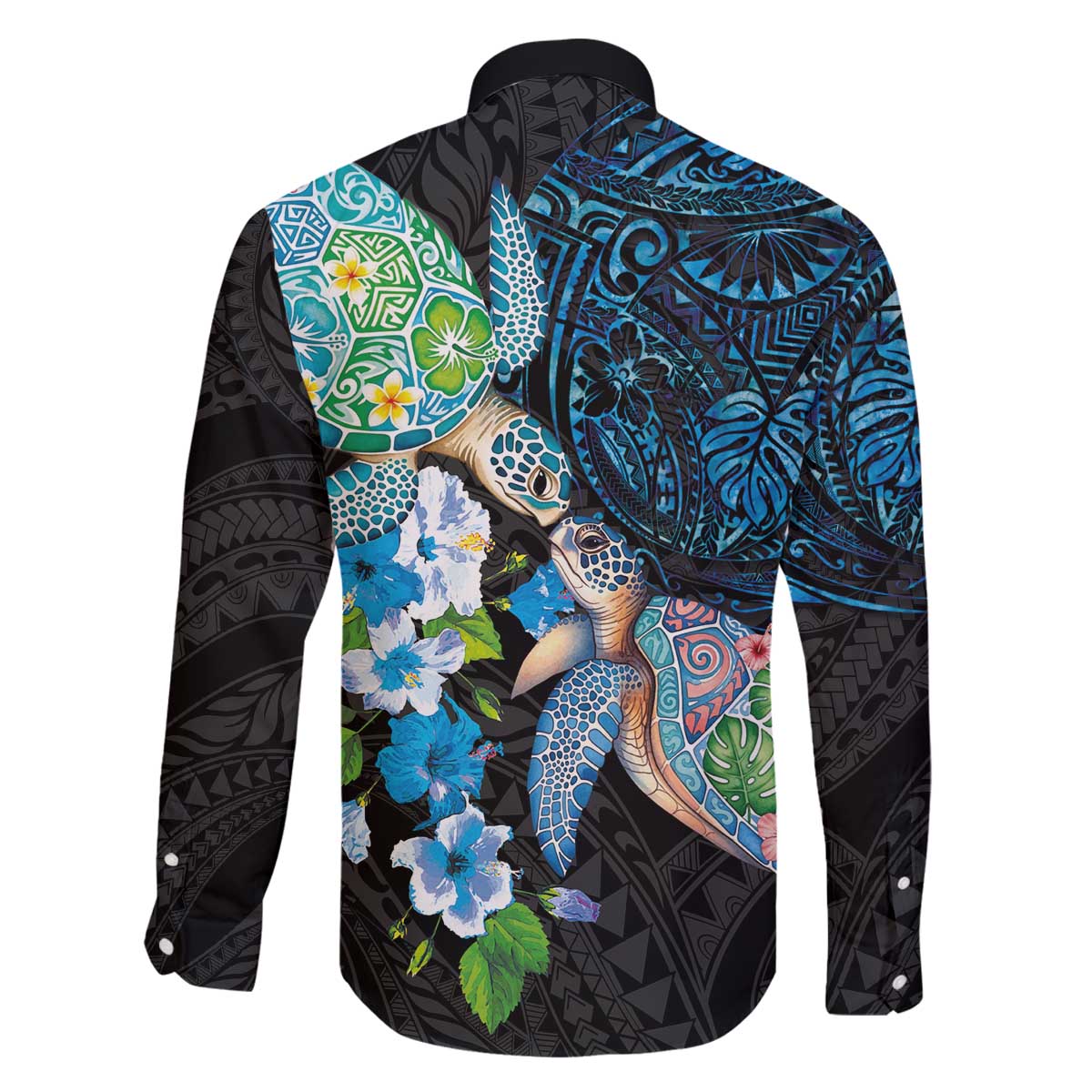 Hawaiian Couple Turtles Honi Family Matching Off The Shoulder Long Sleeve Dress and Hawaiian Shirt Polynesian Art Motifs and Hibiscus Black Blue Color - Polynesian Pride