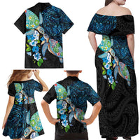 Hawaiian Couple Turtles Honi Family Matching Off Shoulder Maxi Dress and Hawaiian Shirt Polynesian Art Motifs and Hibiscus Black Blue Color - Polynesian Pride