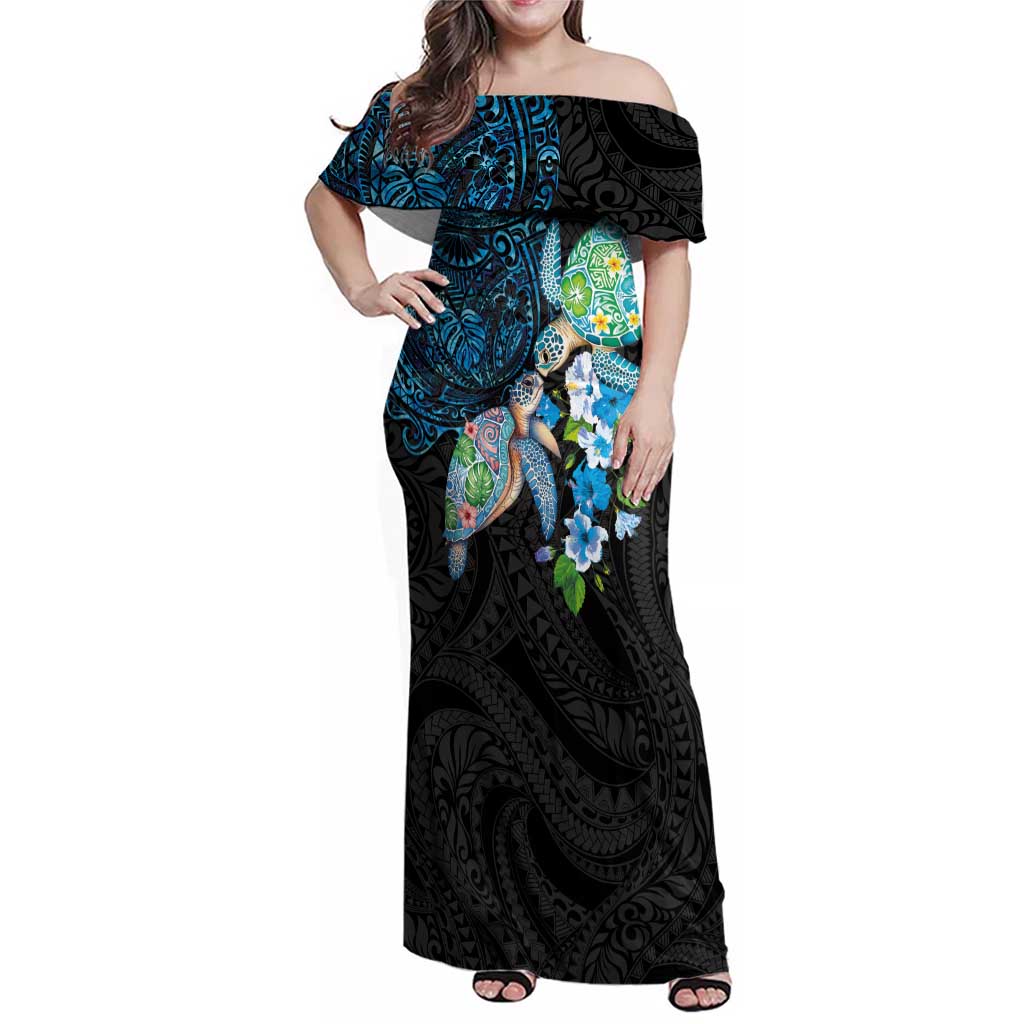 Hawaiian Couple Turtles Honi Family Matching Off Shoulder Maxi Dress and Hawaiian Shirt Polynesian Art Motifs and Hibiscus Black Blue Color - Polynesian Pride