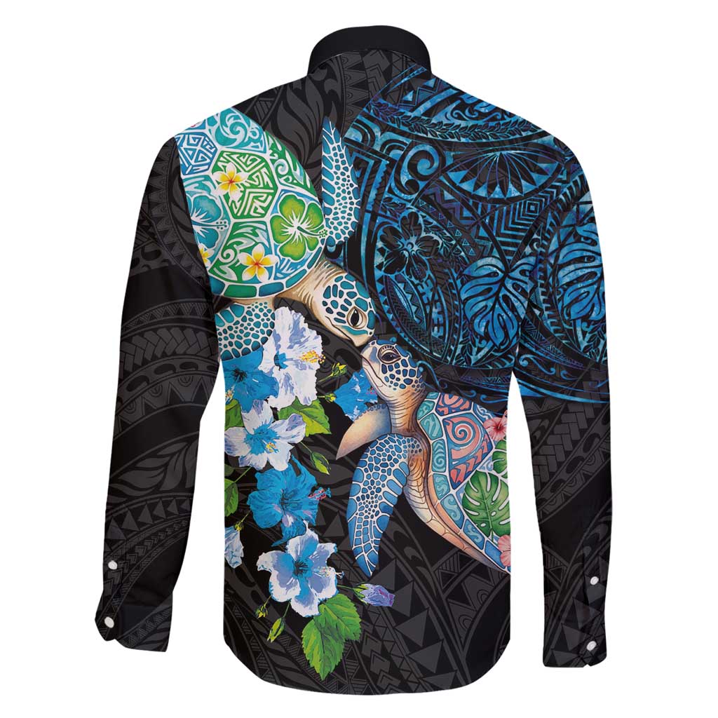 Hawaiian Couple Turtles Honi Family Matching Off Shoulder Short Dress and Hawaiian Shirt Polynesian Art Motifs and Hibiscus Black Blue Color - Polynesian Pride
