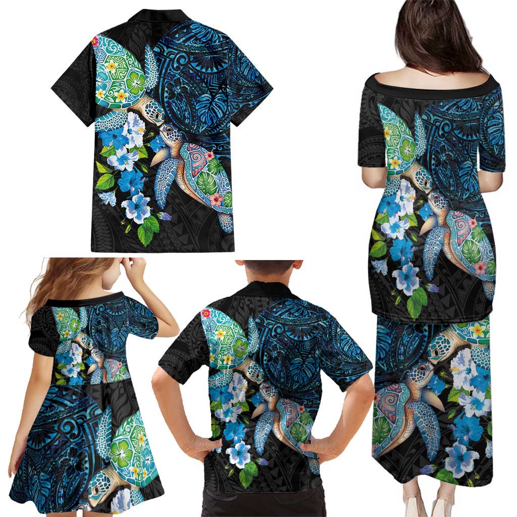Hawaiian Couple Turtles Honi Family Matching Puletasi and Hawaiian Shirt Polynesian Art Motifs and Hibiscus Black Blue Color - Polynesian Pride
