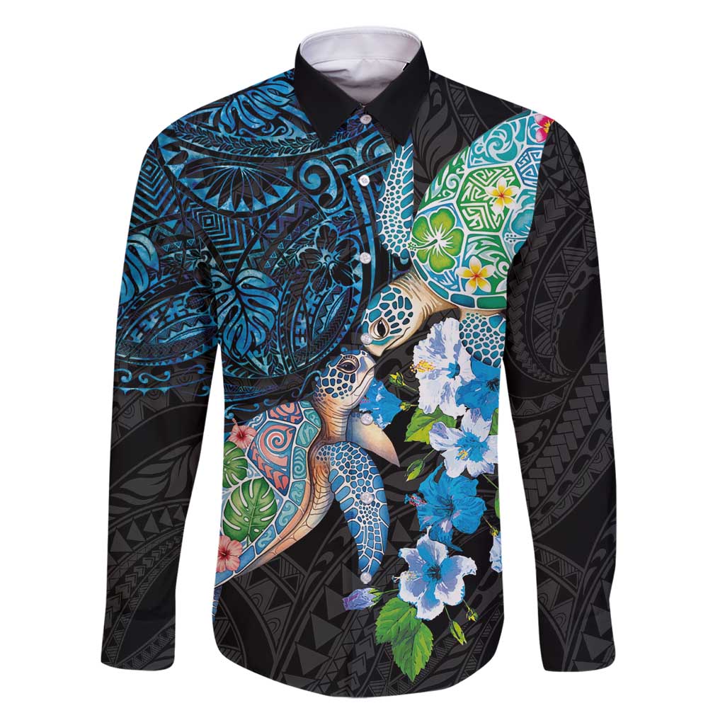 Hawaiian Couple Turtles Honi Family Matching Puletasi and Hawaiian Shirt Polynesian Art Motifs and Hibiscus Black Blue Color - Polynesian Pride