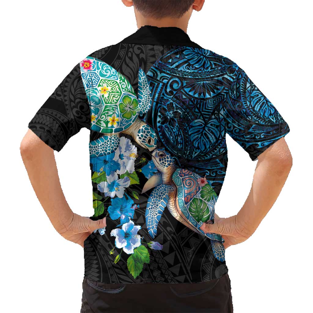 Hawaiian Couple Turtles Honi Family Matching Summer Maxi Dress and Hawaiian Shirt Polynesian Art Motifs and Hibiscus Black Blue Color - Polynesian Pride