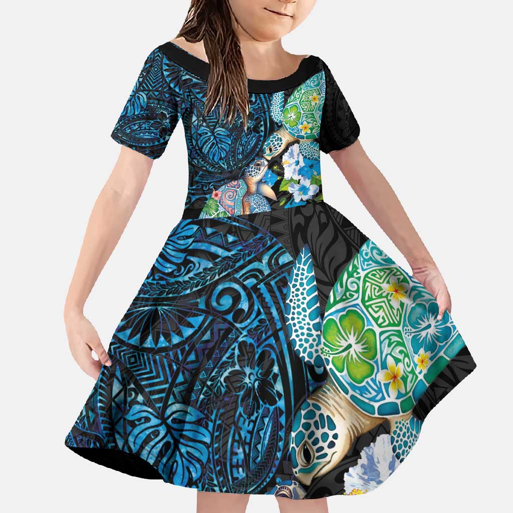 Hawaiian Couple Turtles Honi Family Matching Summer Maxi Dress and Hawaiian Shirt Polynesian Art Motifs and Hibiscus Black Blue Color - Polynesian Pride