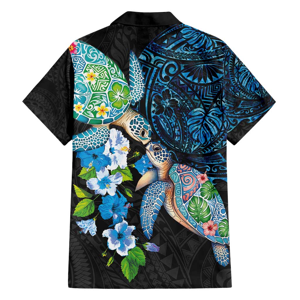 Hawaiian Couple Turtles Honi Family Matching Summer Maxi Dress and Hawaiian Shirt Polynesian Art Motifs and Hibiscus Black Blue Color - Polynesian Pride