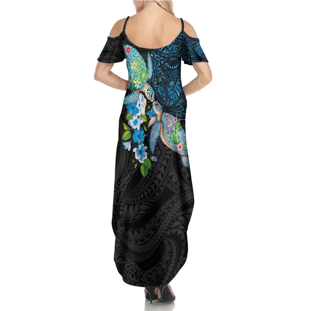 Hawaiian Couple Turtles Honi Family Matching Summer Maxi Dress and Hawaiian Shirt Polynesian Art Motifs and Hibiscus Black Blue Color - Polynesian Pride