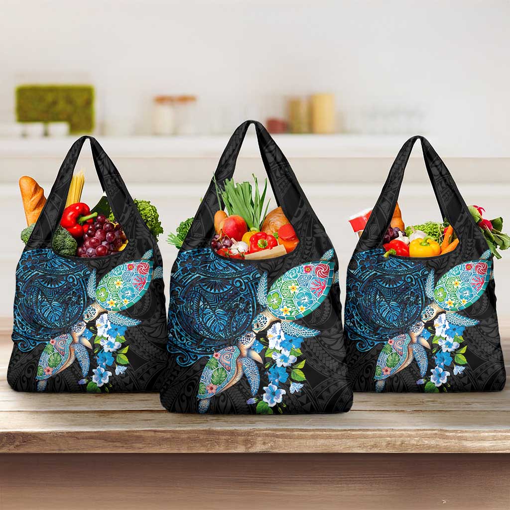 Hawaiian Couple Turtles Honi Grocery Bag Polynesian Art Motifs and Hibiscus Black Blue Color - Polynesian Pride
