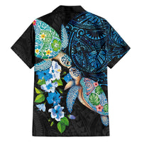 Hawaiian Couple Turtles Honi Hawaiian Shirt Polynesian Art Motifs and Hibiscus Black Blue Color - Polynesian Pride