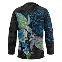 Hawaiian Couple Turtles Honi Hockey Jersey Polynesian Art Motifs and Hibiscus Black Blue Color - Polynesian Pride