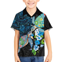 Hawaiian Couple Turtles Honi Kid Hawaiian Shirt Polynesian Art Motifs and Hibiscus Black Blue Color - Polynesian Pride