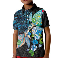 Hawaiian Couple Turtles Honi Kid Polo Shirt Polynesian Art Motifs and Hibiscus Black Blue Color - Polynesian Pride