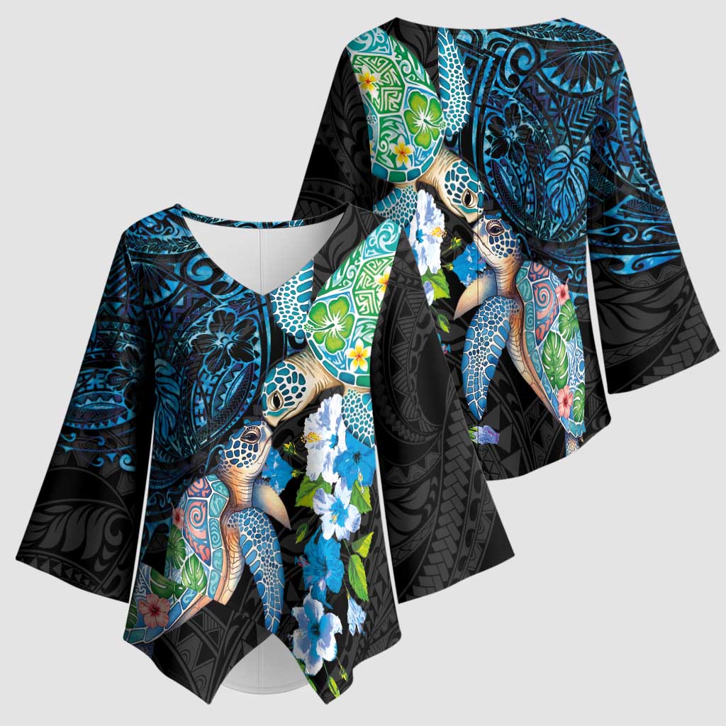 Hawaiian Couple Turtles Honi Kimono Sleeve Blouse Polynesian Art Motifs and Hibiscus Black Blue Color - Polynesian Pride
