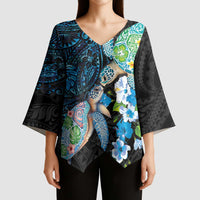 Hawaiian Couple Turtles Honi Kimono Sleeve Blouse Polynesian Art Motifs and Hibiscus Black Blue Color - Polynesian Pride