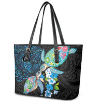 Hawaiian Couple Turtles Honi Leather Tote Bag Polynesian Art Motifs and Hibiscus Black Blue Color - Polynesian Pride