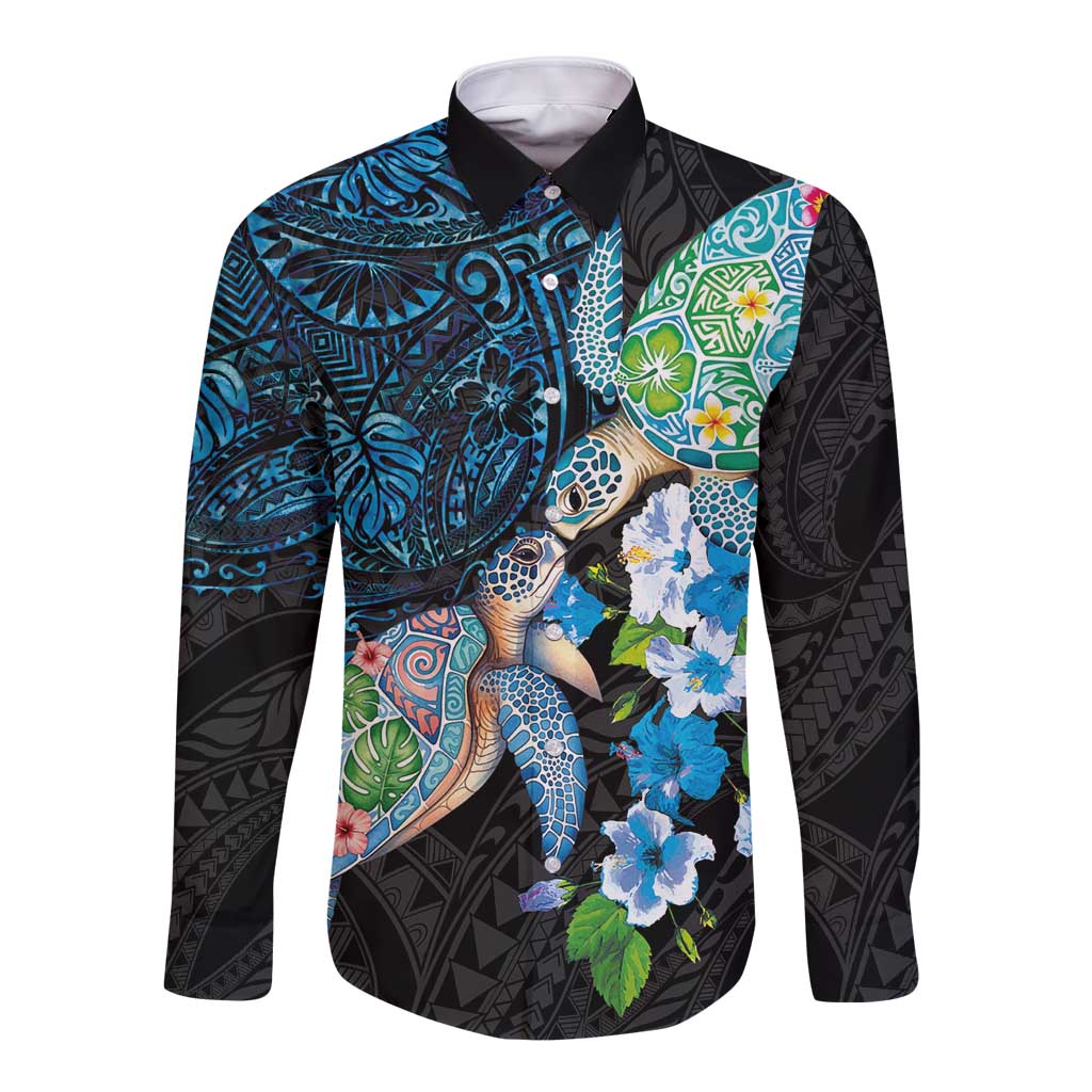 Hawaiian Couple Turtles Honi Long Sleeve Button Shirt Polynesian Art Motifs and Hibiscus Black Blue Color - Polynesian Pride