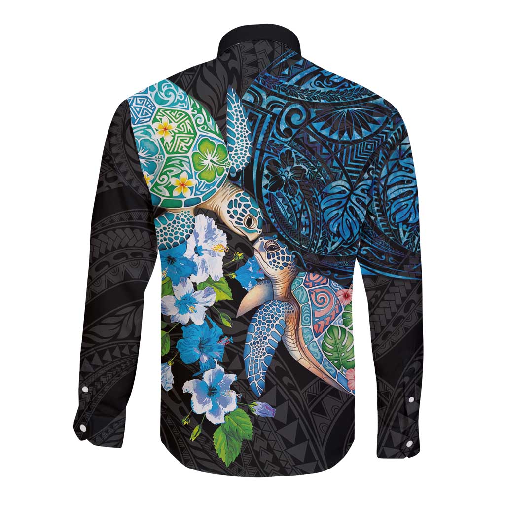 Hawaiian Couple Turtles Honi Long Sleeve Button Shirt Polynesian Art Motifs and Hibiscus Black Blue Color - Polynesian Pride