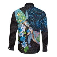 Hawaiian Couple Turtles Honi Long Sleeve Button Shirt Polynesian Art Motifs and Hibiscus Black Blue Color - Polynesian Pride
