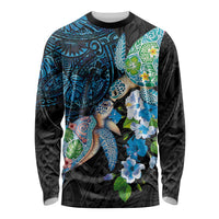 Hawaiian Couple Turtles Honi Long Sleeve Shirt Polynesian Art Motifs and Hibiscus Black Blue Color - Polynesian Pride