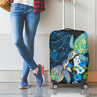 Hawaiian Couple Turtles Honi Luggage Cover Polynesian Art Motifs and Hibiscus Black Blue Color - Polynesian Pride